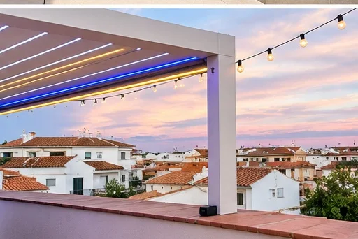 Pérgola con iluminación al atardecer