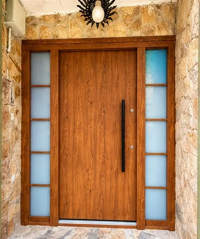 Puerta de entrada de aluminio con acabado efecto madera